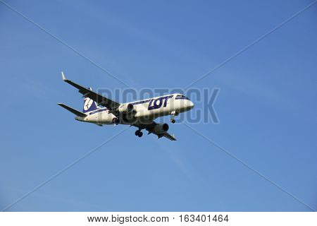 Amsterdam the Netherlands - May 6th 2016: SP-LII LOT - Polish Airlines Embraer ERJ approaching Schiphol Zwanenburg runway arriving from Warsaw Poland