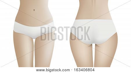 Beautiful woman s body in white bikini panties. Realistic vector template for design. Women health and intimate hygiene concept. EPS10 illustration.
