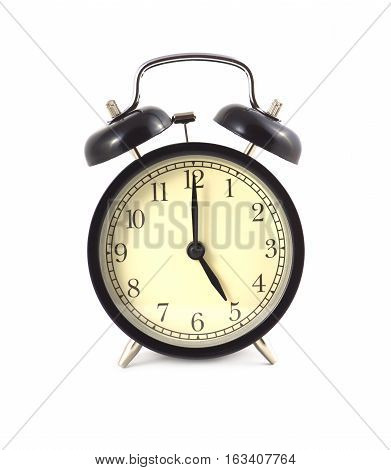 Black alarm clock shows 5 isolated on white front view close up