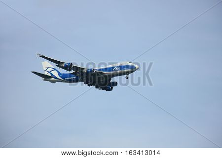 Amsterdam The Netherlands - August 10 2015: VP-BIM AirBridgeCargo Boeing 747-4HAF in flight approaching runway Polderbaan at Schiphol Amsterdam Airport