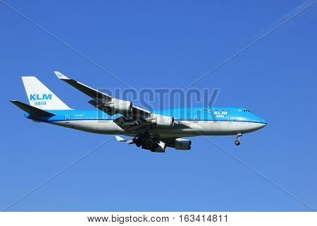 Amsterdam the Netherlands - June 24th 2016: PH-BFP KLM Royal Dutch Airlines Boeing 747-406(M) Asia Livery approaching Polderbaan runway Amsterdam Schiphol arriving from Hong Kong