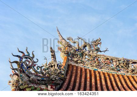 Asia culture concept - Roof with beautiful decoration of famous heritage landmark the traditional old oriental Chinese temple lungshan in Taipei Taiwan