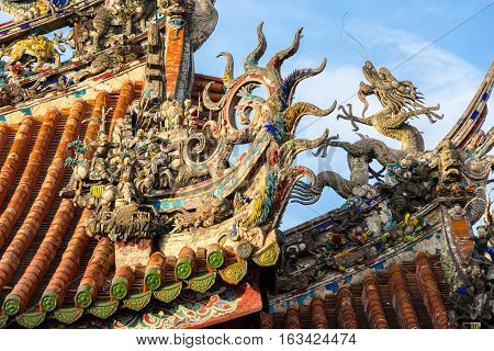 Asia culture concept - Roof with beautiful decoration of famous heritage landmark the traditional old oriental Chinese temple lungshan in Taipei Taiwan