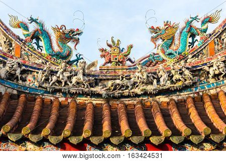 Asia culture concept - Roof with beautiful decoration of famous heritage landmark the traditional old oriental Chinese temple lungshan in Taipei Taiwan