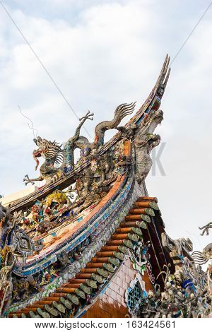 Asia culture concept - Roof with beautiful decoration of famous heritage landmark the traditional old oriental Chinese temple lungshan in Taipei Taiwan