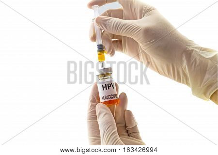 Hands of the doctor filling a vaccine syringe and bottle vaccine of Human papillomavirus (HPV) vaccine on white background.Saved with clipping path.