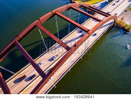 Aerial Drone View Above 360 Bridge Or Pennybacker Bridge In Austin , Texas , Usa Near The Top Of Sus