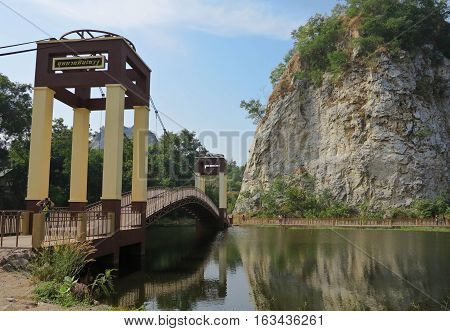 MAEKLONG, THAILAND-DECEMBER 11,2016 : Beautiful landscape with mountain, sky, trees, lake at Khao Ngu Rock Park Thailand