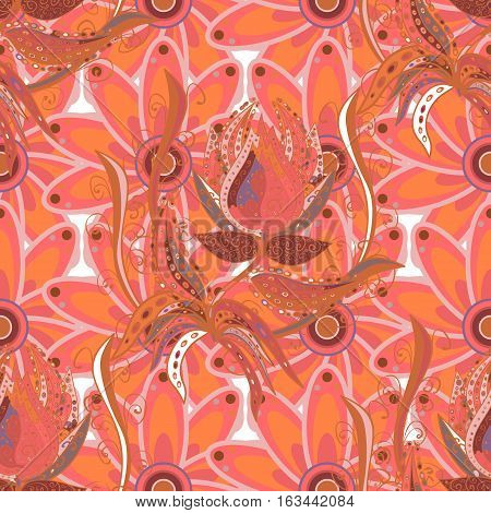 Seamless Creative Hand-drawn Pattern Of Stylized Flowers In Pale Orange Colors. Vector Illustration.