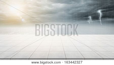Business concept - Empty concrete floor top with panoramic sky view under sunrise and storm thunder grey sky for display or montage product