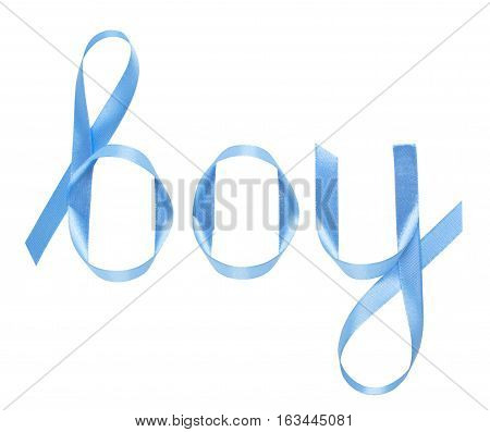 Word boy written gift ribbon blue. White background, isolated
