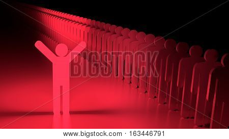 Red happy glowing man standing next to a row of ordinary people individuality concept 3D illustration
