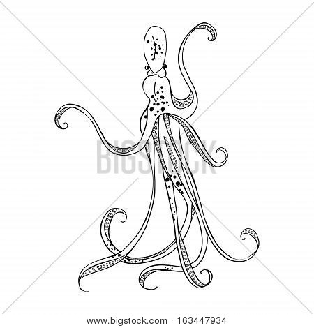 Giant octopus with eight tentacles floating in the ocean depths. Hand drawing. Vector illustration. Isolated on the white background.