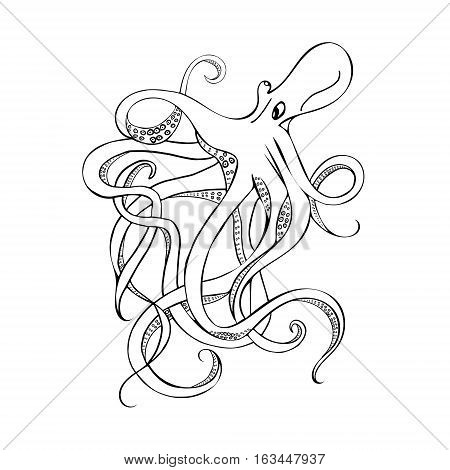 Black cartoon octopus with curling tentacles swimming underwater. Hand drawing illustration . Vector design.