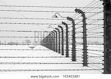 OSWIECIM, POLAND - DECEMBER 28, 2010: Auschwitz concentration camp was a network of German concentration camps and extermination camps built and operated by the Third Reich in Polish areas annexed by Germany during World War II