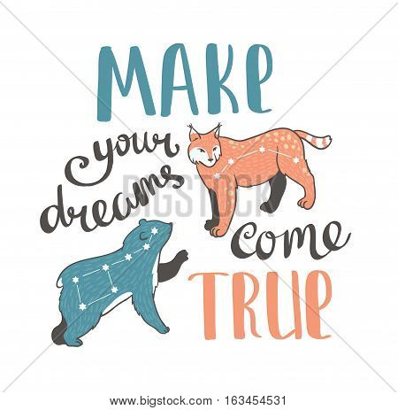 Vector boho print with animals stars and hand writing phrase 