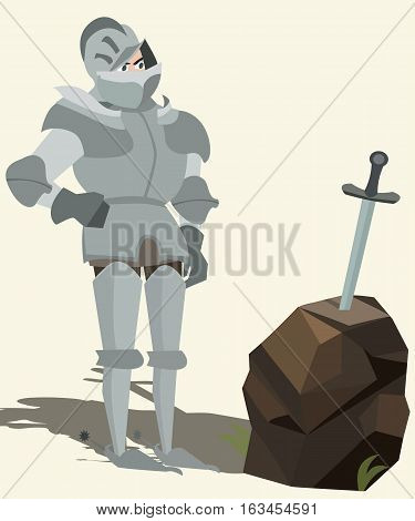knight in armour looking at sword in stone funny vector cartoon illustration