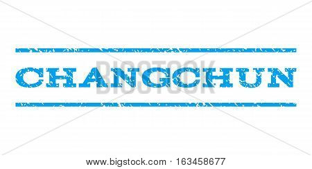 Changchun watermark stamp. Text caption between horizontal parallel lines with grunge design style. Rubber seal stamp with scratched texture. Vector blue color ink imprint on a white background.