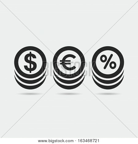 Dollar euro percent coins money icon vector illustration