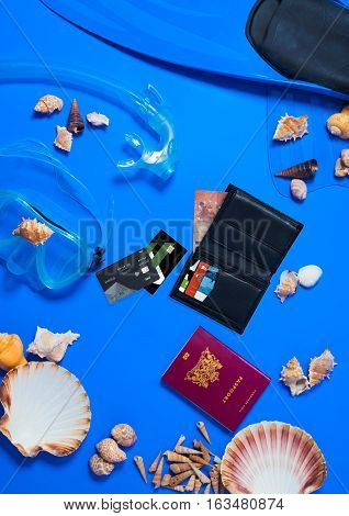 Preparation for a travel , passport, wallet, credit cards, mask, tourism,