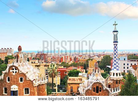 Ceramic mosaic Park Guell in Barcelona, Spain. Park Guell is the famous architectural town art designed by Antoni Gaudi and built in the years 1900 to 1914