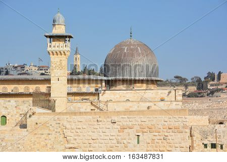 JERUSALEM ISRAEL 26 10 16: Jerusalem wall and Al-Aqsa Mosque, also known as Al-Aqsa and Bayt al-Muqaddas, is the third holiest site in Sunni Islam and is located in the Old City of Jerusalem.