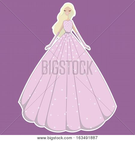 vector blonde girl in long evening glowing pink dress in sequins and gloves