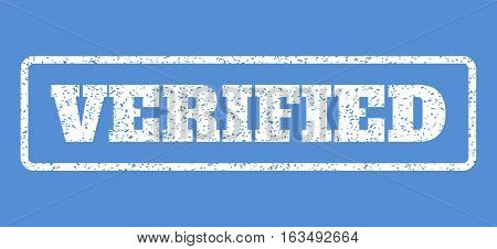 White rubber seal stamp with Verified text. Vector message inside rounded rectangular frame. Grunge design and dirty texture for watermark labels. Horisontal sticker on a blue background.