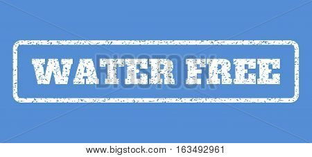 White rubber seal stamp with Water Free text. Vector tag inside rounded rectangular banner. Grunge design and scratched texture for watermark labels. Horisontal sign on a blue background.