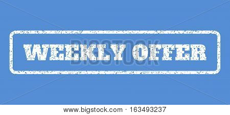 White rubber seal stamp with Weekly Offer text. Vector tag inside rounded rectangular shape. Grunge design and dust texture for watermark labels. Horisontal sticker on a blue background.