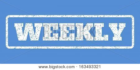 White rubber seal stamp with Weekly text. Vector caption inside rounded rectangular frame. Grunge design and dirty texture for watermark labels. Horisontal sign on a blue background.