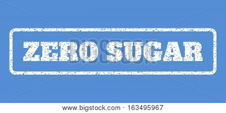 White rubber seal stamp with Zero Sugar text. Vector tag inside rounded rectangular shape. Grunge design and unclean texture for watermark labels. Horisontal sign on a blue background.