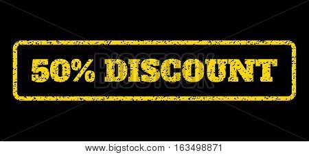 Yellow rubber seal stamp with 50 Percent Discount text. Vector tag inside rounded rectangular frame. Grunge design and scratched texture for watermark labels. Horisontal sticker on a blue background.