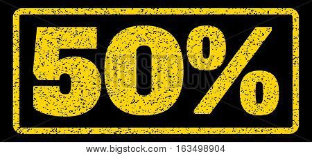 Yellow rubber seal stamp with 50 Percent text. Vector tag inside rounded rectangular shape. Grunge design and dirty texture for watermark labels. Horisontal sign on a blue background.