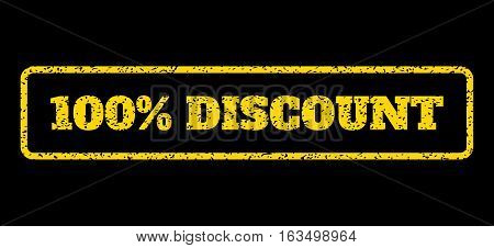 Yellow rubber seal stamp with 100 Percent Discount text. Vector tag inside rounded rectangular banner. Grunge design and unclean texture for watermark labels. Horisontal sticker on a blue background.