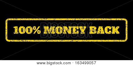Yellow rubber seal stamp with 100 Percent Money Back text. Vector message inside rounded rectangular banner. Grunge design and dust texture for watermark labels. Horisontal sign on a blue background.