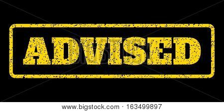 Yellow rubber seal stamp with Advised text. Vector caption inside rounded rectangular shape. Grunge design and dust texture for watermark labels. Horisontal sign on a blue background.