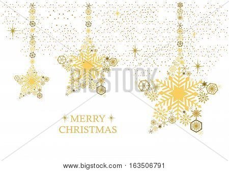 Golden christmas stars with snowflakes on a white background. Holiday card