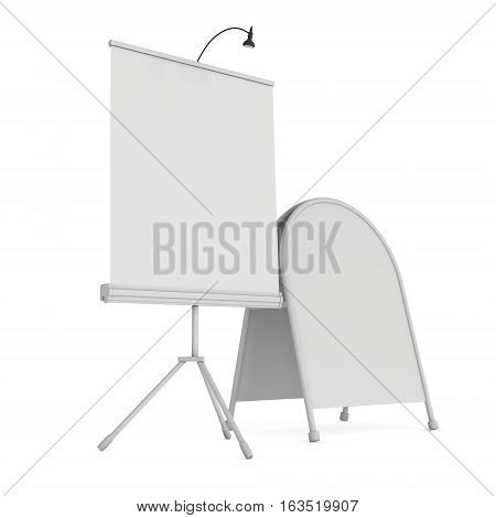 Blank Roll Up Expo Banner Stand and Sandwich board. Trade show booth white and blank. 3d render illustration isolated on white background. Template mockup for expo design. Blank menu outdoor display.