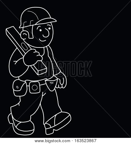 Monochrome outline cartoon builder with copy space for own text isolated on black background