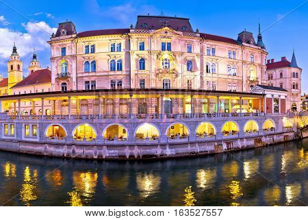 Ljubljana Riverfront Architecture Evening View