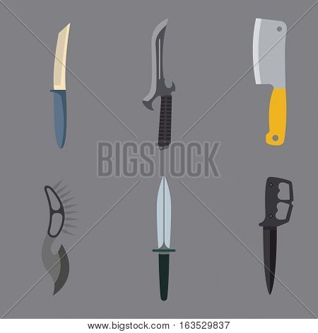 Knife weapon dangerous collection. Vector illustration of sword spear. Edged weapons set. Combat andbonder bayonet cold protection or attack steel arms.