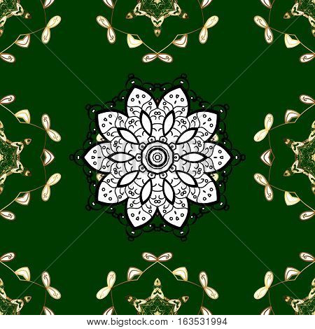 Seamless Vintage Pattern On Green Background With Golden Elements. White. Raster.
