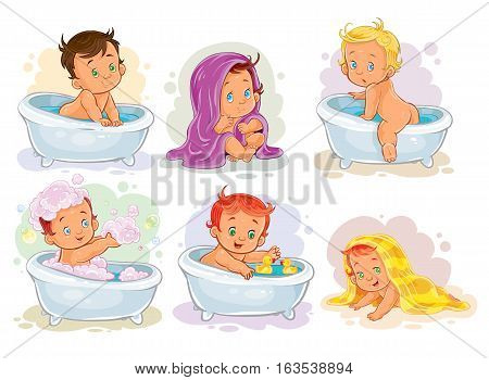 Set of vector icons of small children take a bath isolated on white