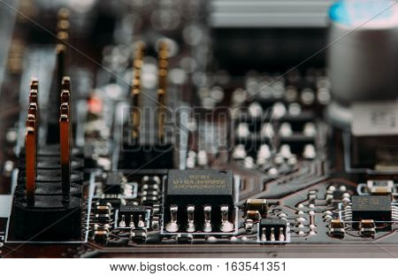 Integrated Semiconductor Microchip Microprocessor On Blue Circuit Board Representative Of The High T