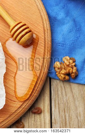 Fresh Natural Honey With Honey Spoon On A Wooden Rustic Vintage Table.slective Focus