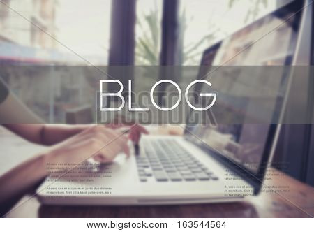 business hand typing on a laptop keyboard with blog blogging homepage on the computer screen social media network concept.