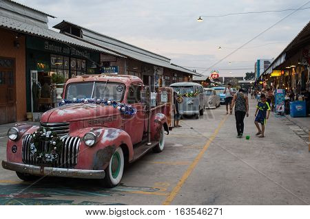 Old Vintage Red Chevrolet Truck At Night Market, Srinakarin Road