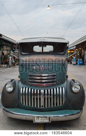 Old Vintage Green Chevrolet Truck At Night Market, Srinakarin Road