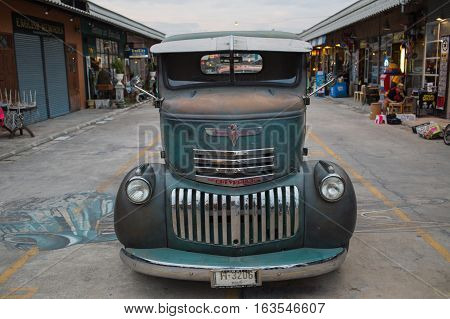 Old Vintage Green Chevrolet Truck At Night Market, Srinakarin Road